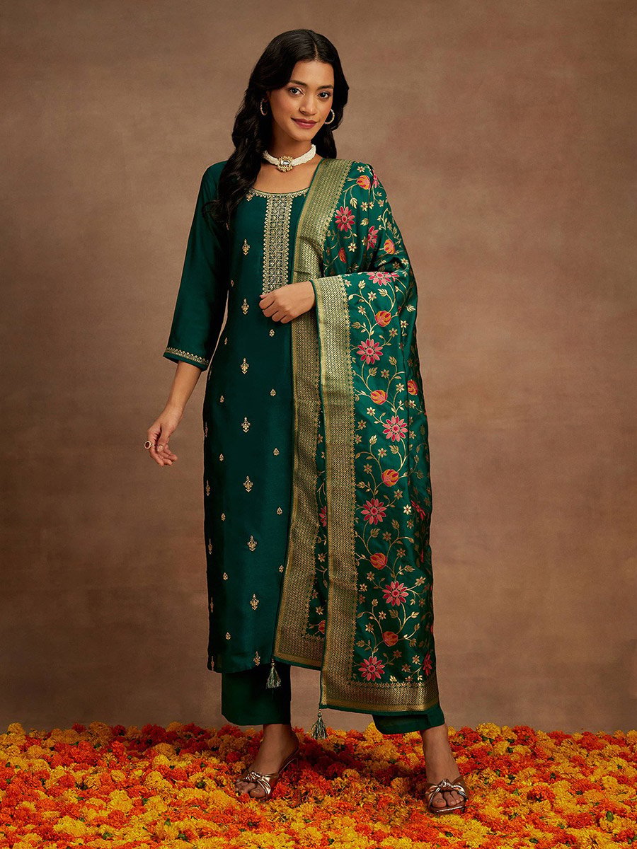 Embroidered Straight Kurta and Solid Trousers with Dupatta Set