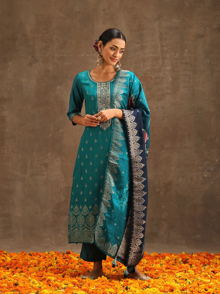 Embroidered Silk Kurta and Solid Trousers with Jacquard Dupatta Set