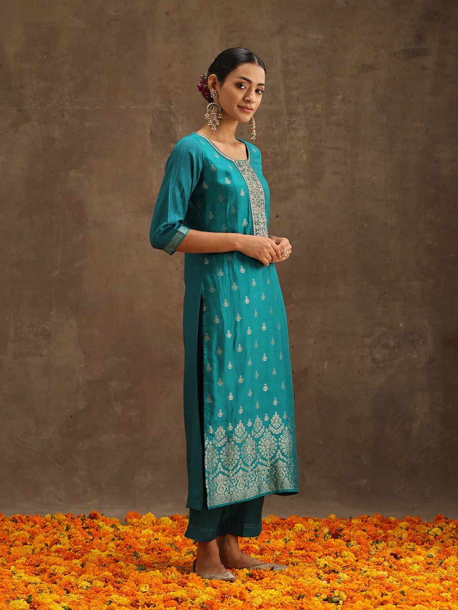 Embroidered Silk Kurta and Solid Trousers with Jacquard Dupatta Set