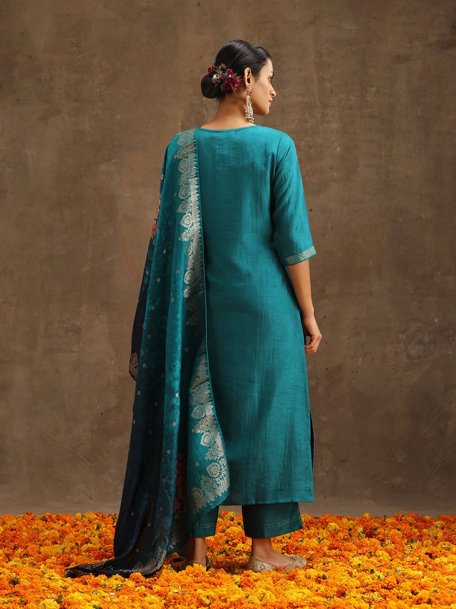 Embroidered Silk Kurta and Solid Trousers with Jacquard Dupatta Set