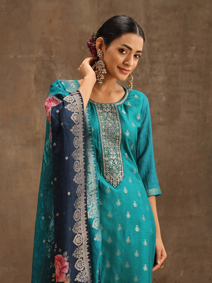 Embroidered Silk Kurta and Solid Trousers with Jacquard Dupatta Set
