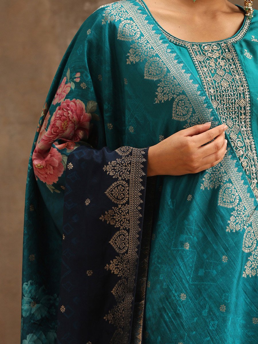 Embroidered Silk Kurta and Solid Trousers with Jacquard Dupatta Set