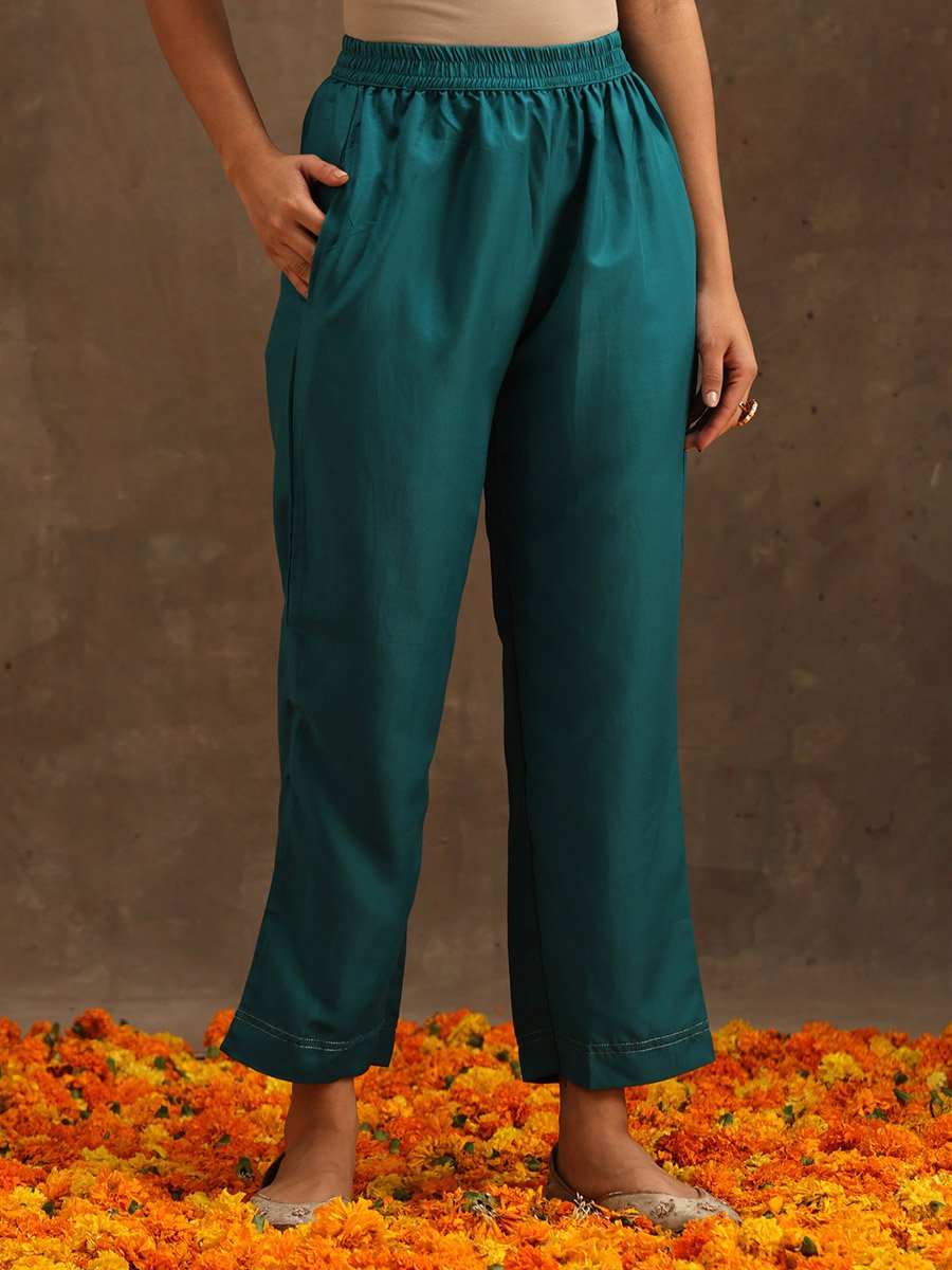 Embroidered Silk Kurta and Solid Trousers with Jacquard Dupatta Set