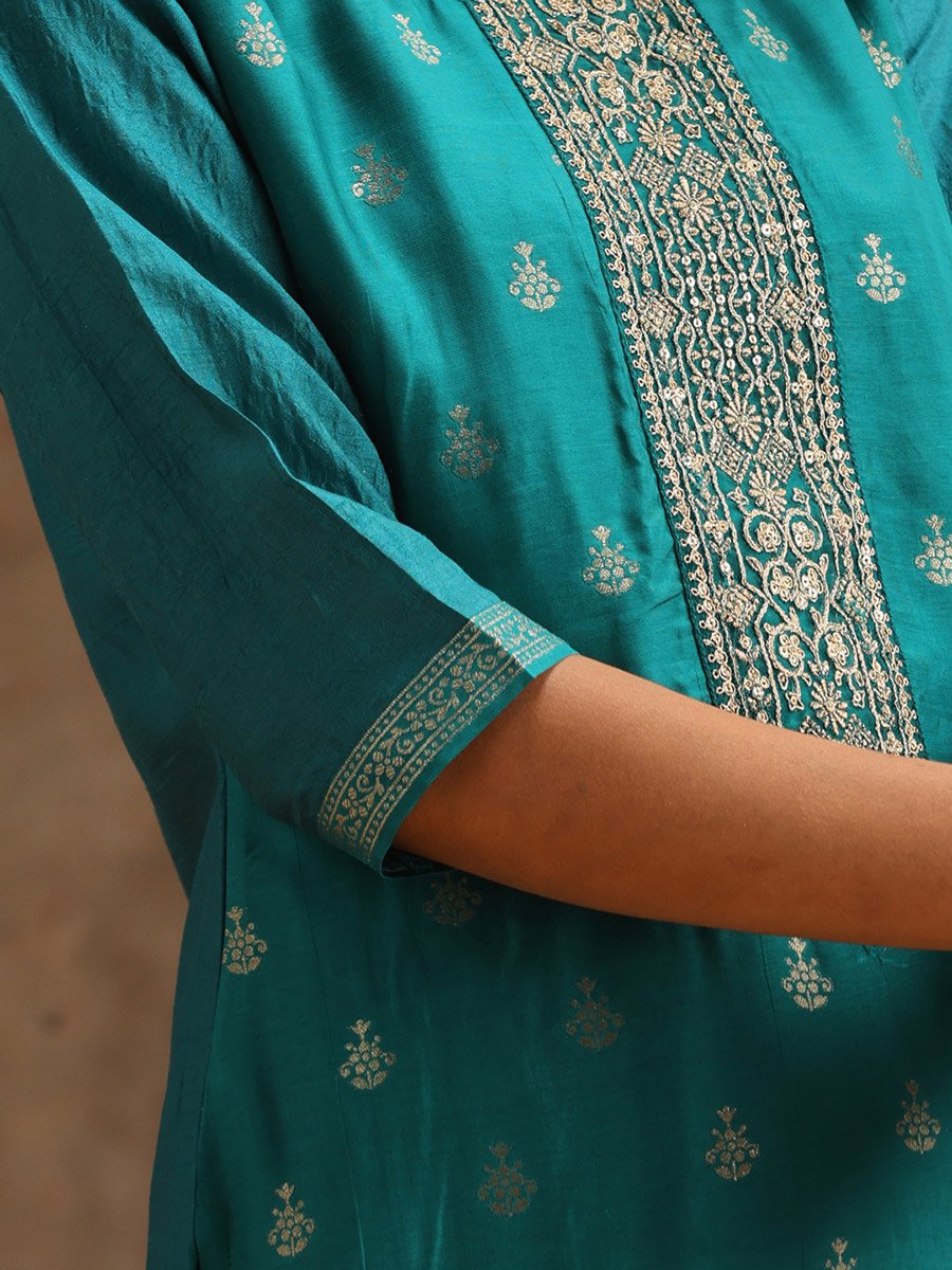 Embroidered Silk Kurta and Solid Trousers with Jacquard Dupatta Set