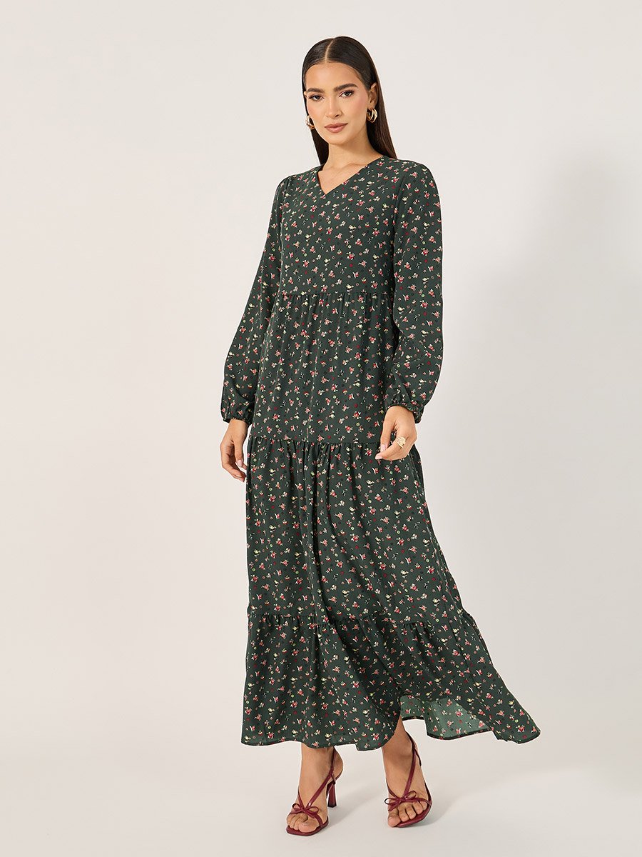 All-Over Print Long Sleeves Tiered Maxi Dress