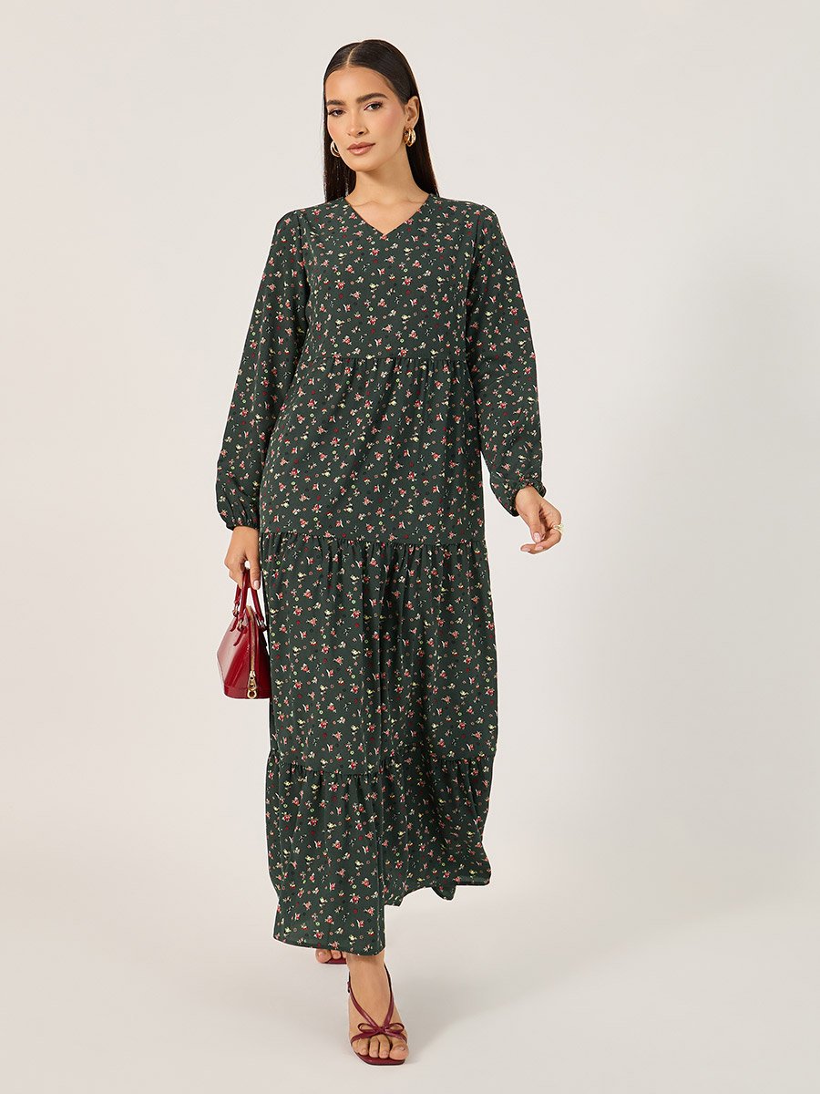 All-Over Print Long Sleeves Tiered Maxi Dress