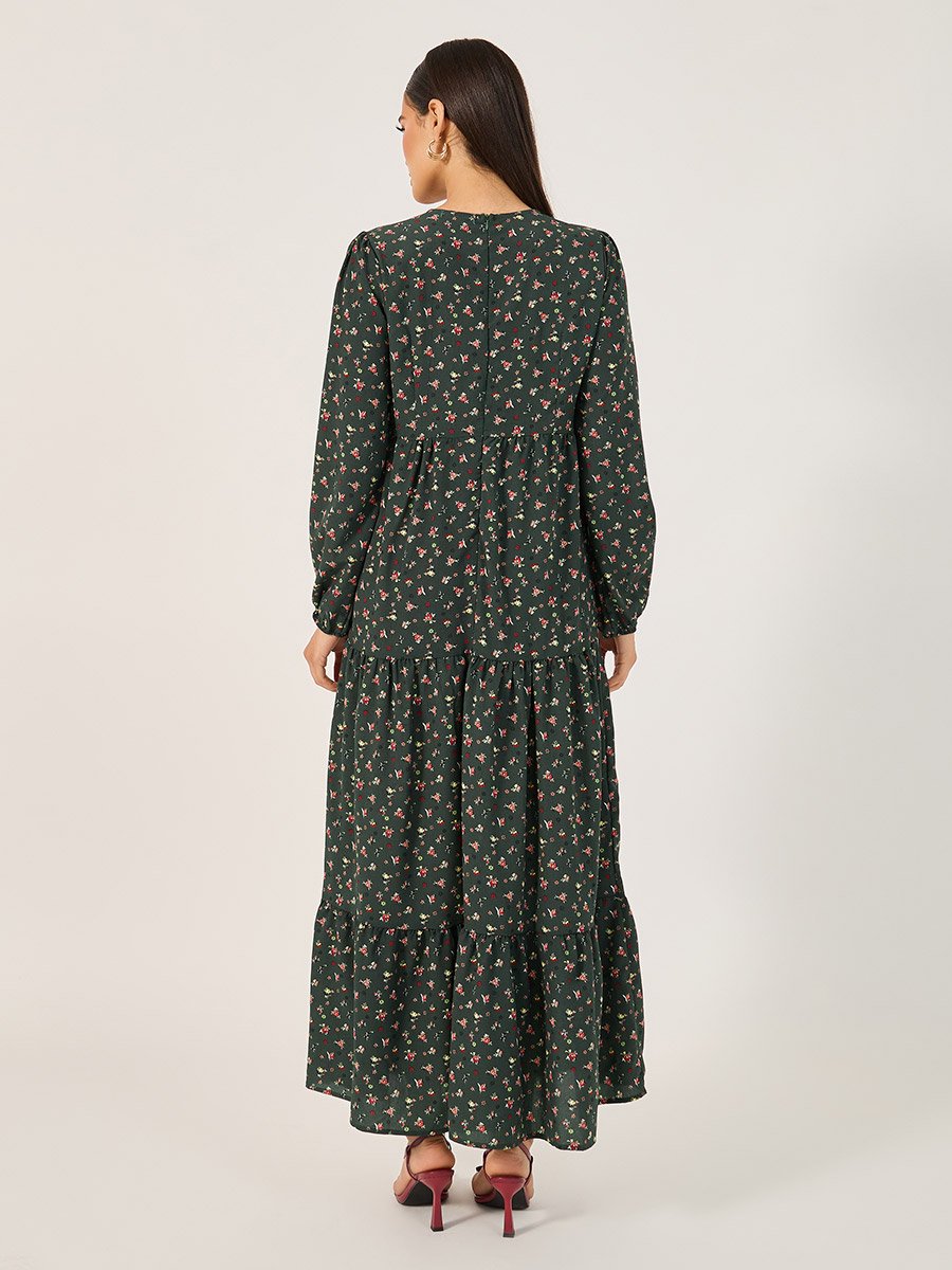 All-Over Print Long Sleeves Tiered Maxi Dress