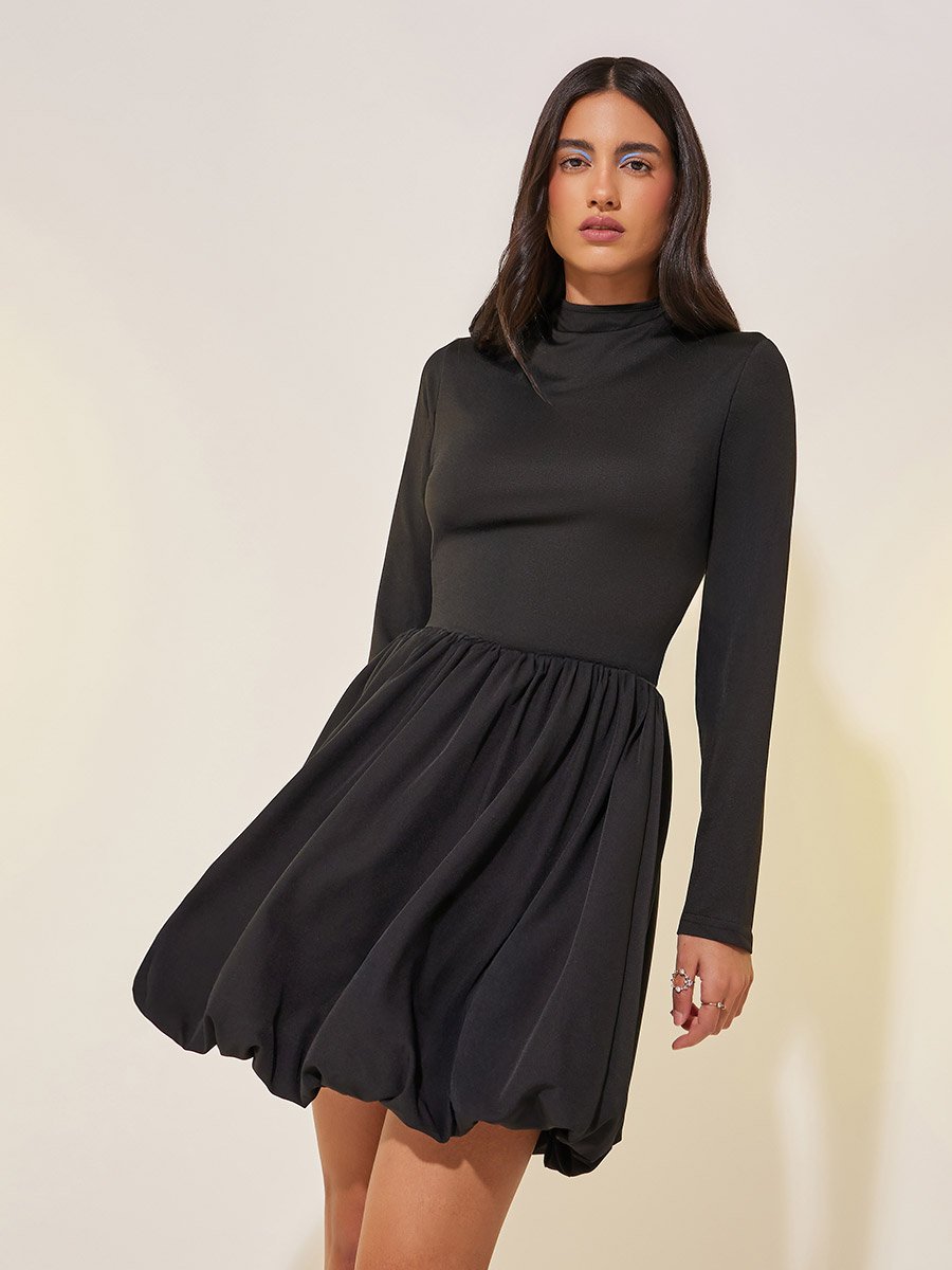 strapless open back dress Oakley Slinky Jersey Long Sleeve Plunge Cowl Neck Mini Dress in Black main image 1