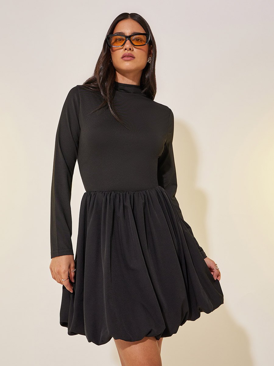 Solid Long Sleeve Balloon Hem A-Line Mini Dress For Women at Kuwait | Styli Solid Long Sleeve Balloon Hem A-Line Mini Dress For Women at Kuwait | Styli