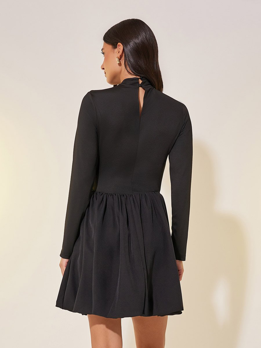 Solid Long Sleeve Balloon Hem A-Line Mini Dress