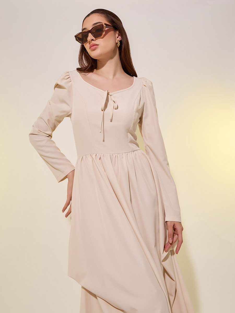Solid Puff Sleeves Asymmetric Hem A-Line Maxi Dress