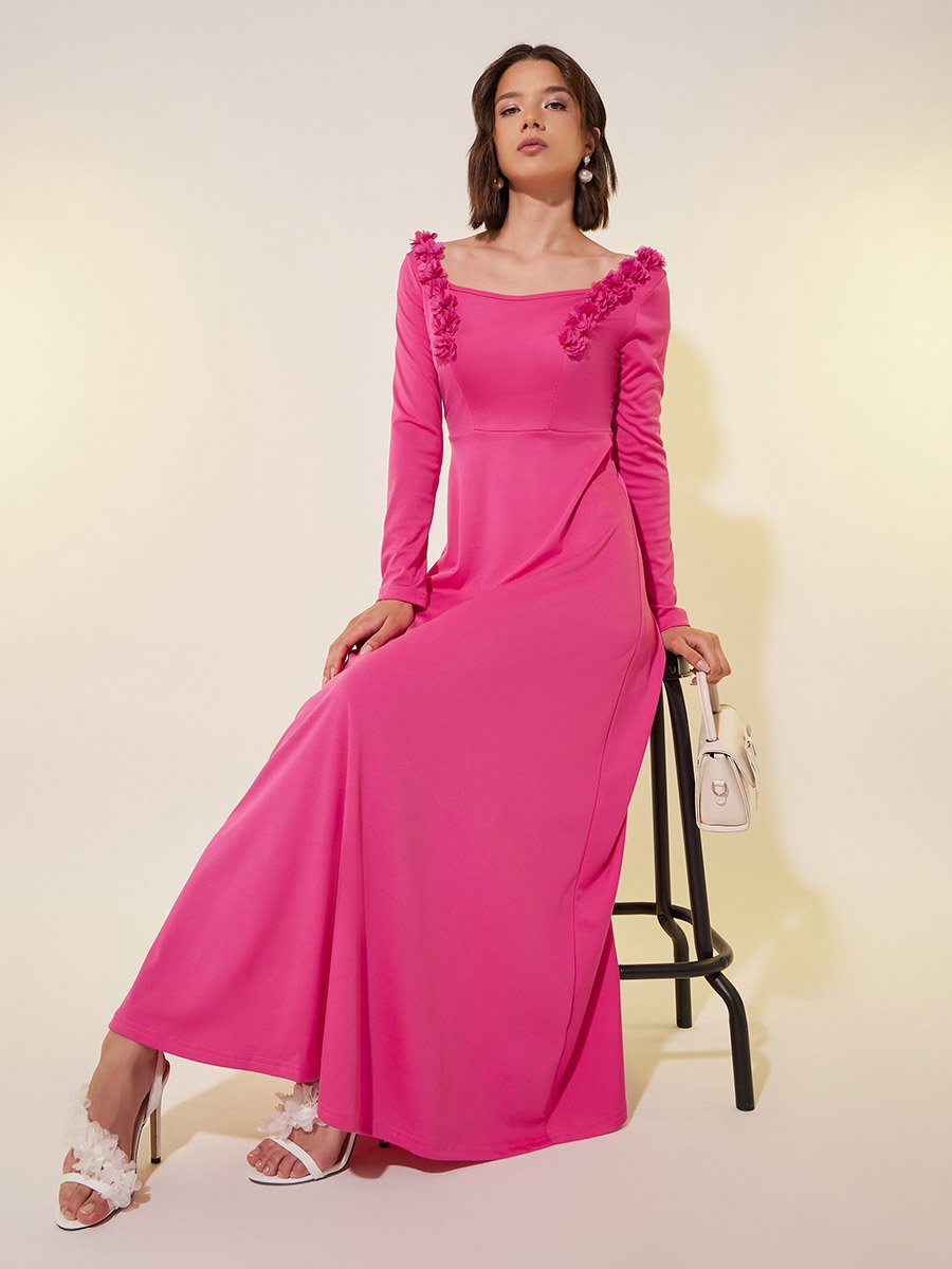 Solid Long Sleeves A-Line Maxi Dress with Corsage Detail