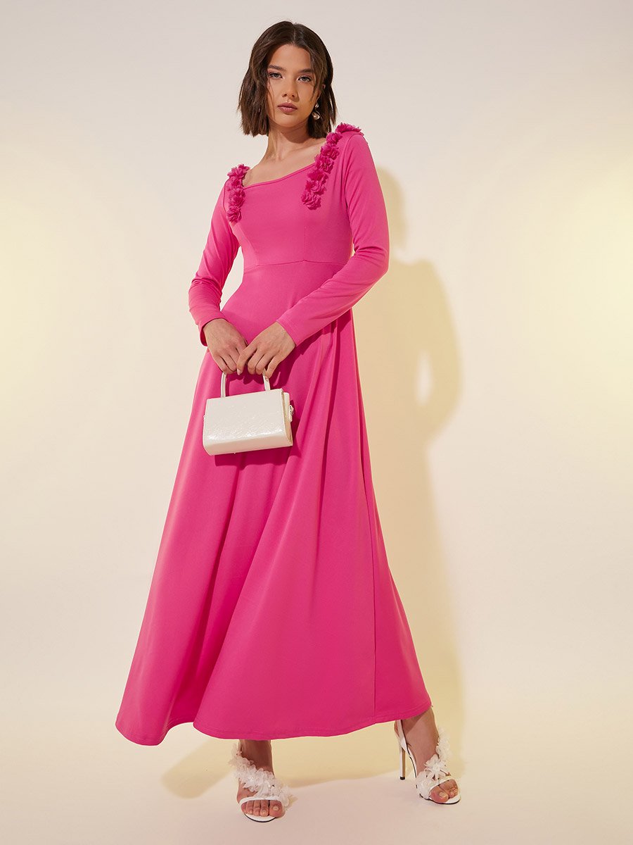 Solid Long Sleeves A-Line Maxi Dress with Corsage Detail