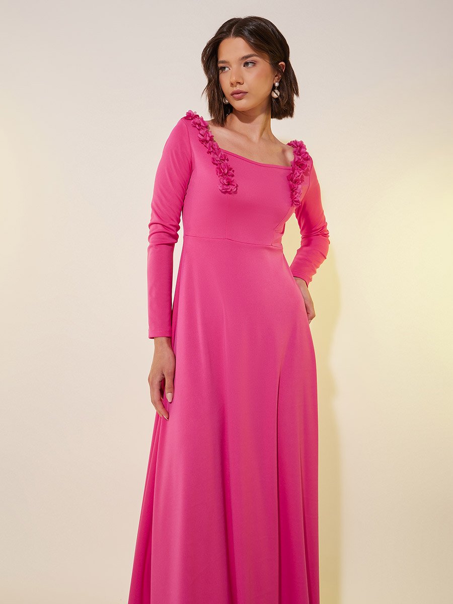 Solid Long Sleeves A-Line Maxi Dress with Corsage Detail