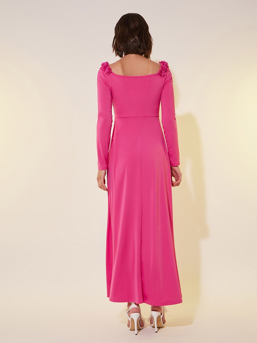 Solid Long Sleeves A-Line Maxi Dress with Corsage Detail