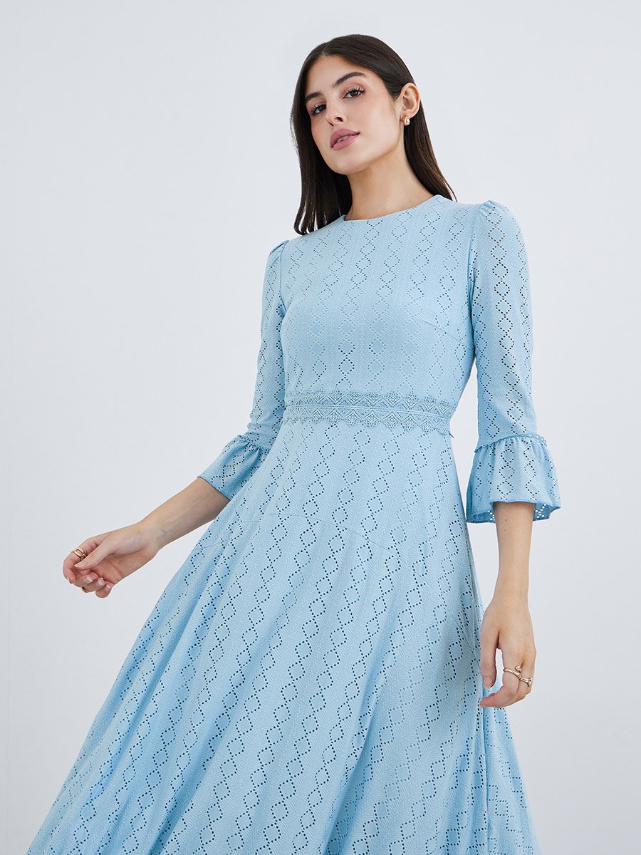 Self Design Asymmetric Hem 3/4th Sleeves A-Line Maxi Dress For Women at  Kuwait | Styli