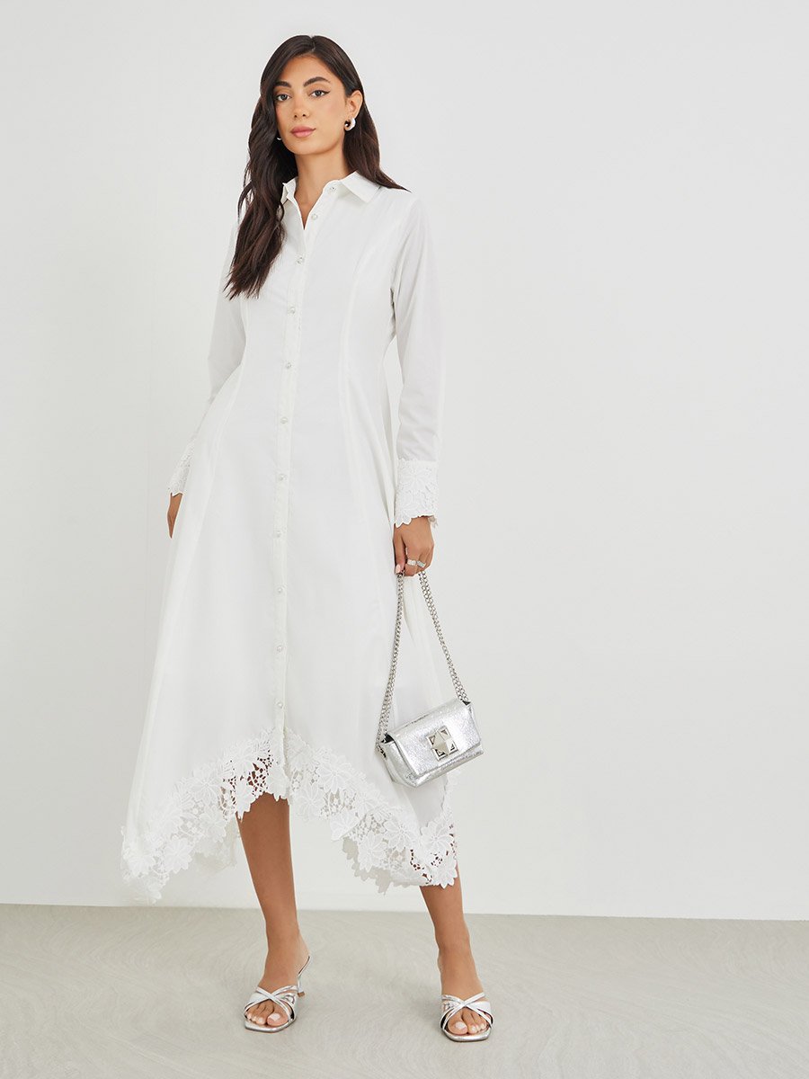 Solid Lace Insert Long Sleeves Shirt Midi Dress For Women at UAE | Styli