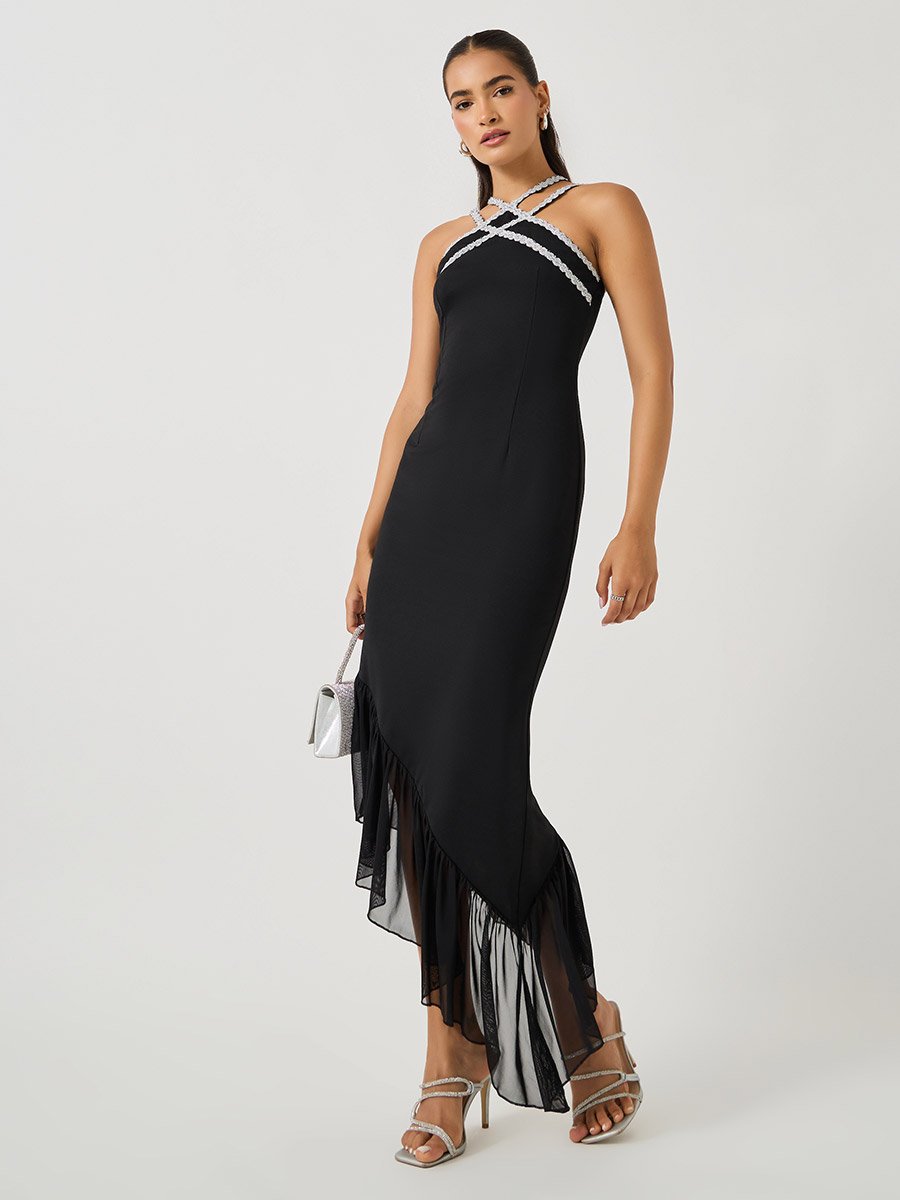 Lace Detail Halter Neck Asymmetric Hem Bodycon Maxi Dress For Women at  Kuwait | Styli