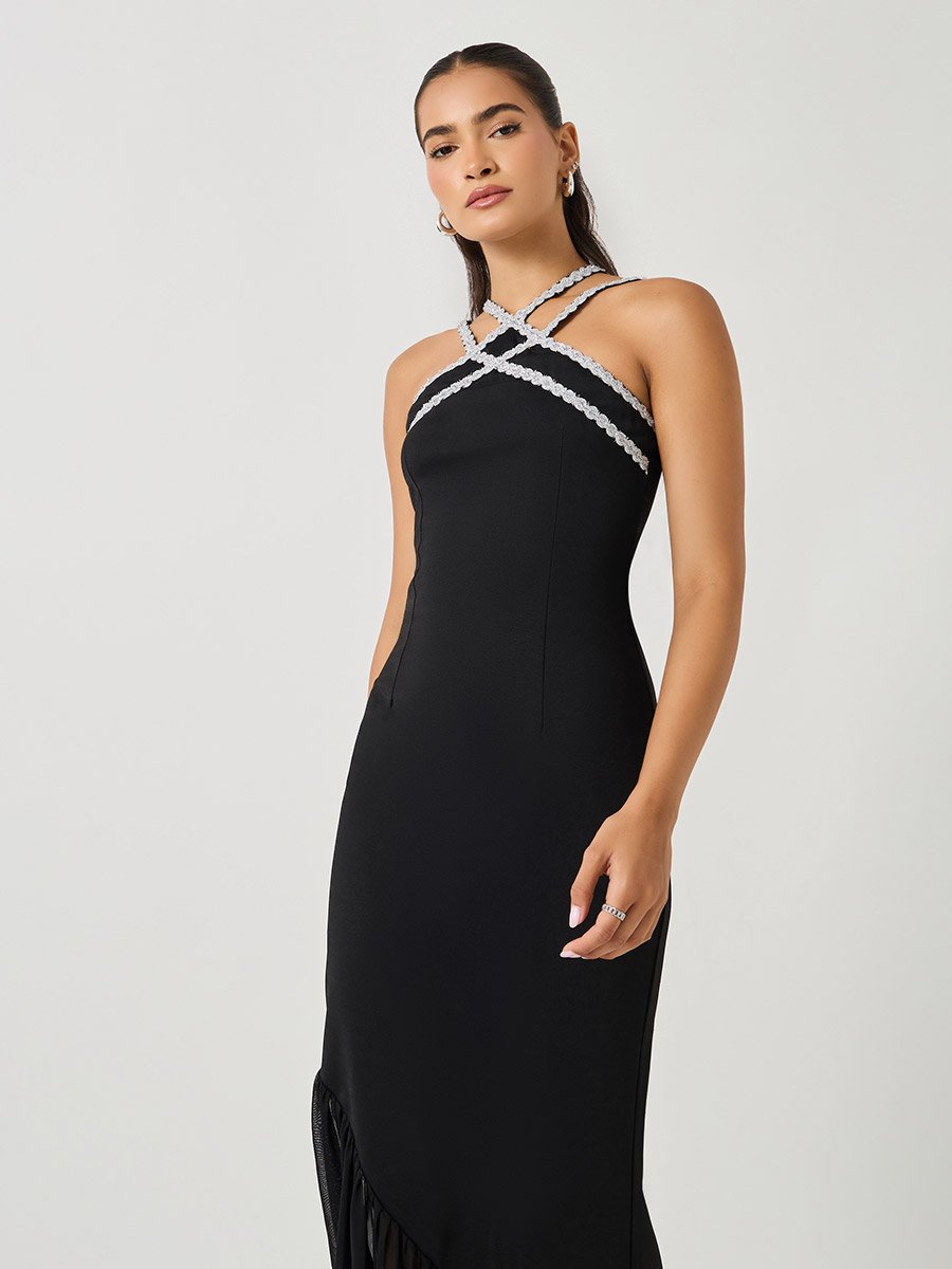 Halterneck Dress Halter Lace Bodycon Dress Lace Plunge Halter Dress Plunge Halterneck Frill Detail Mini Bodycon
