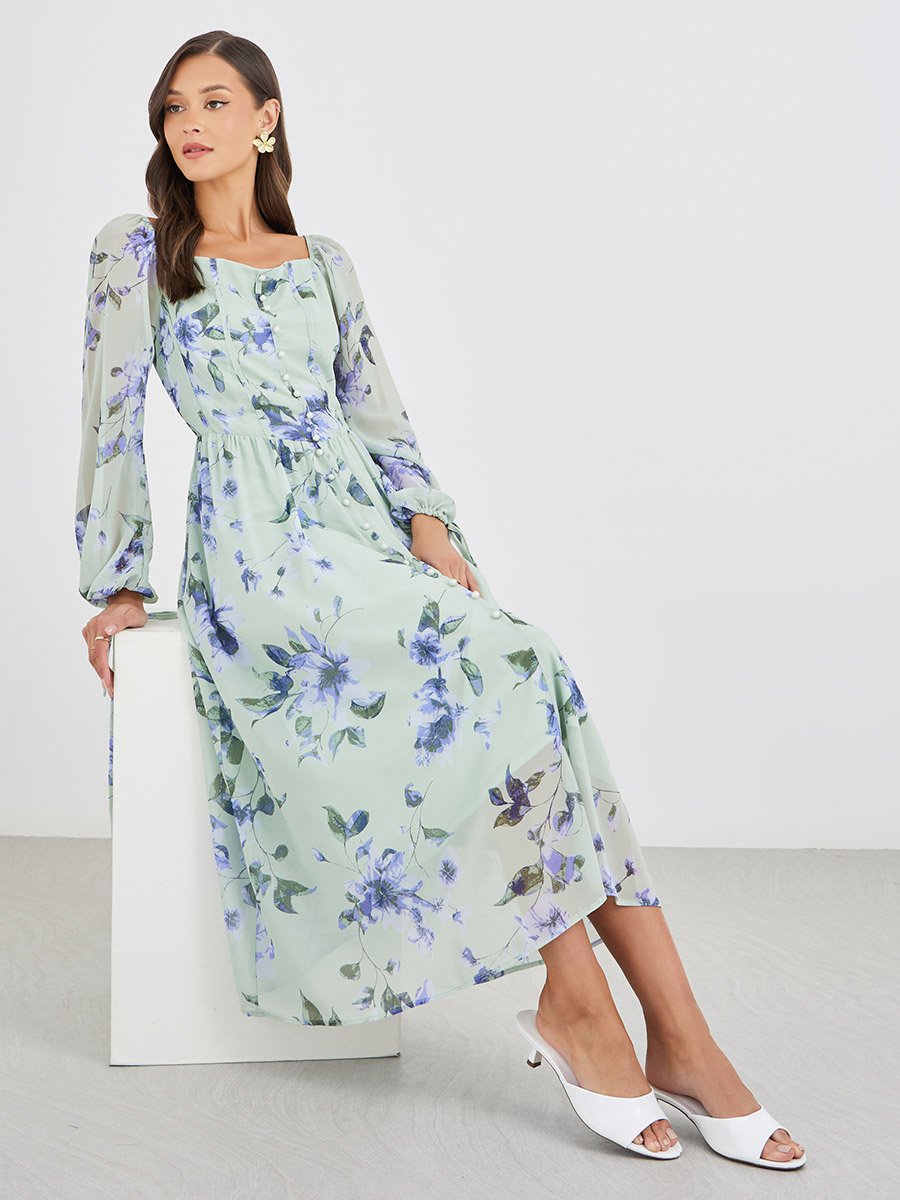 Floral Print Balloon Sleeve A-Line Midi Dress