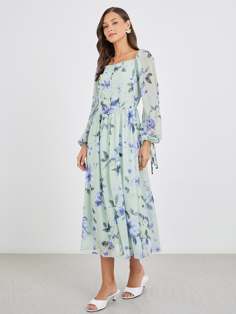 Floral Print Balloon Sleeve A-Line Midi Dress