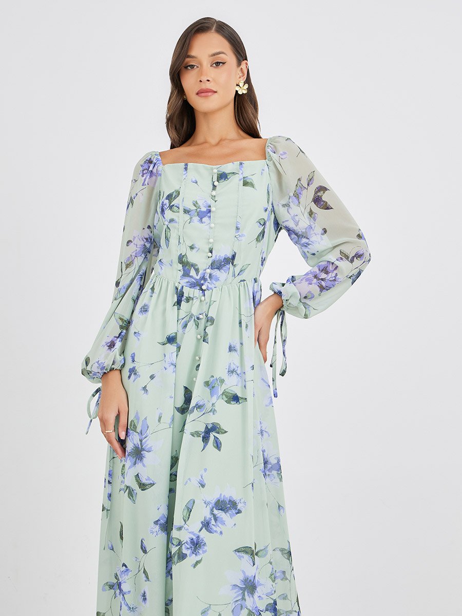 Floral Print Balloon Sleeve A-Line Midi Dress