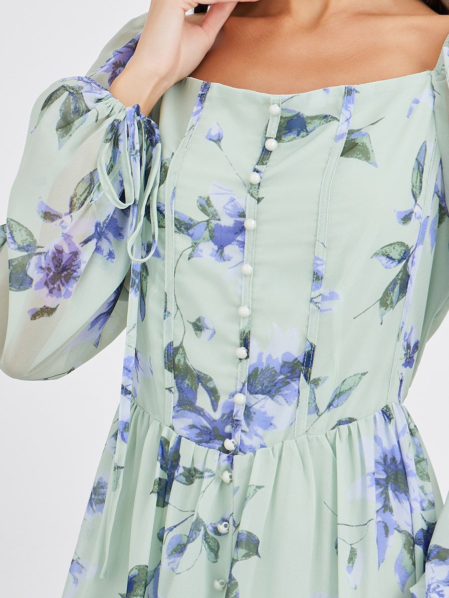 Floral Print Balloon Sleeve A-Line Midi Dress