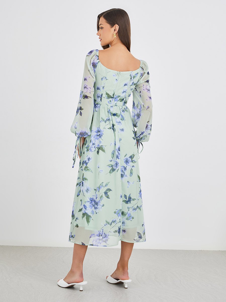 Floral Print Balloon Sleeve A-Line Midi Dress