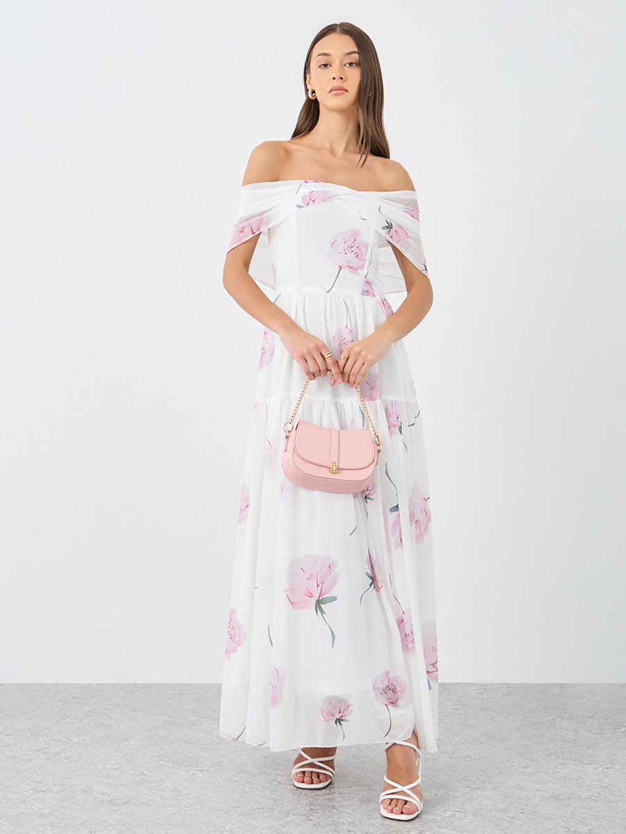 Floral Print A-Line Maxi Dress with Gathers