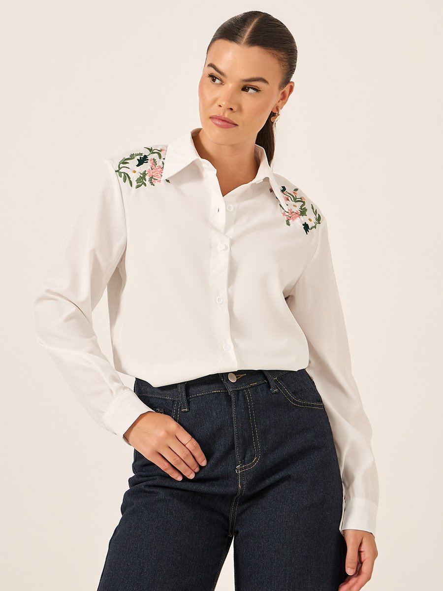 Floral Embroidered Button Front Long Sleeve Shirt