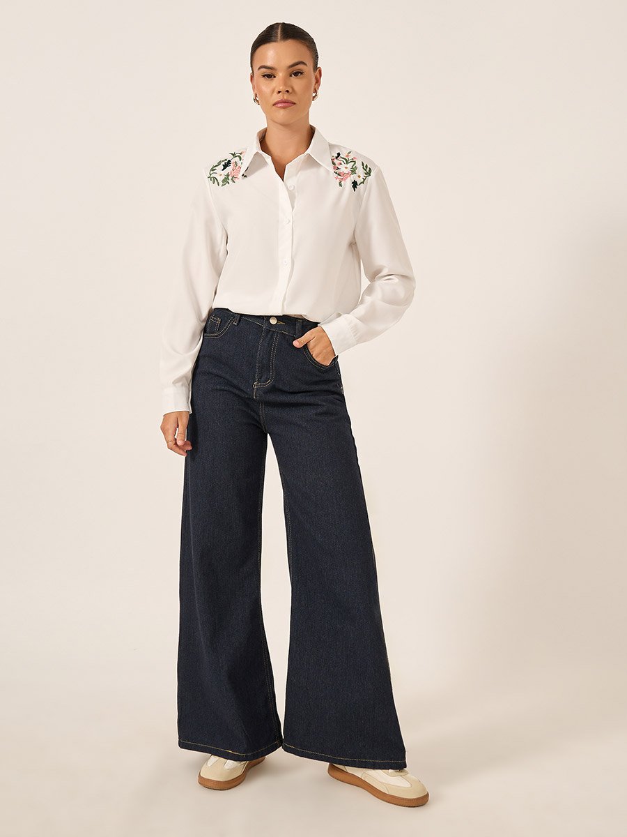Floral Embroidered Button Front Long Sleeve Shirt