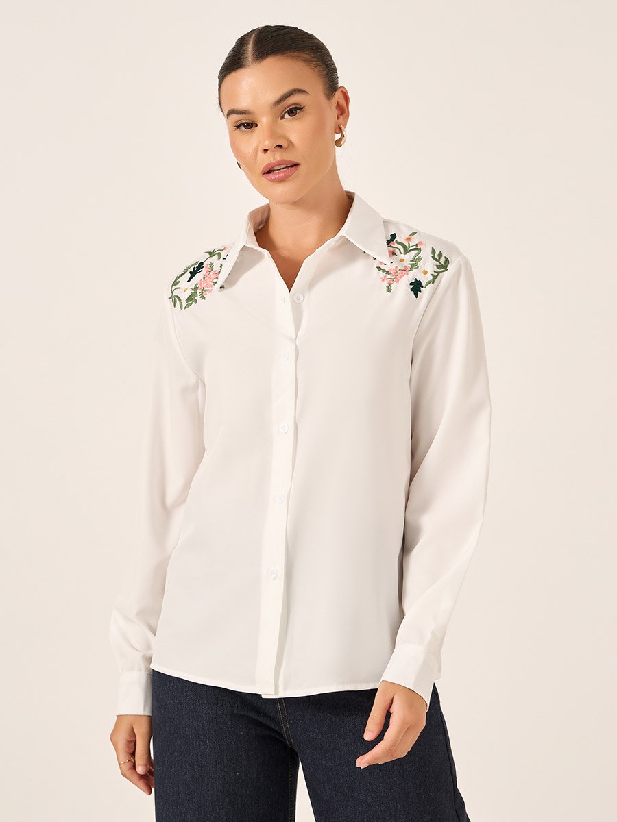 Floral Embroidered Button Front Long Sleeve Shirt