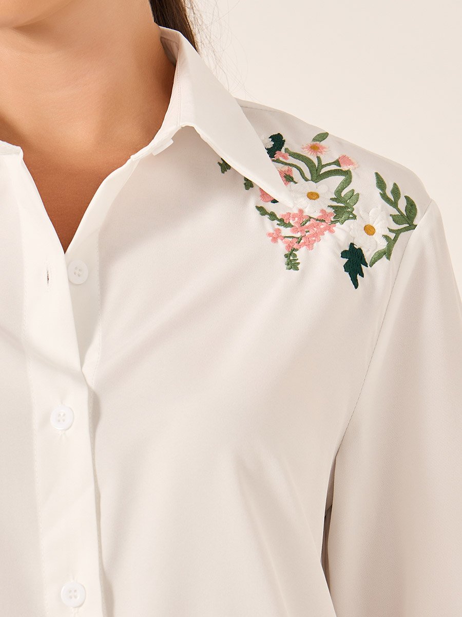 Floral Embroidered Button Front Long Sleeve Shirt