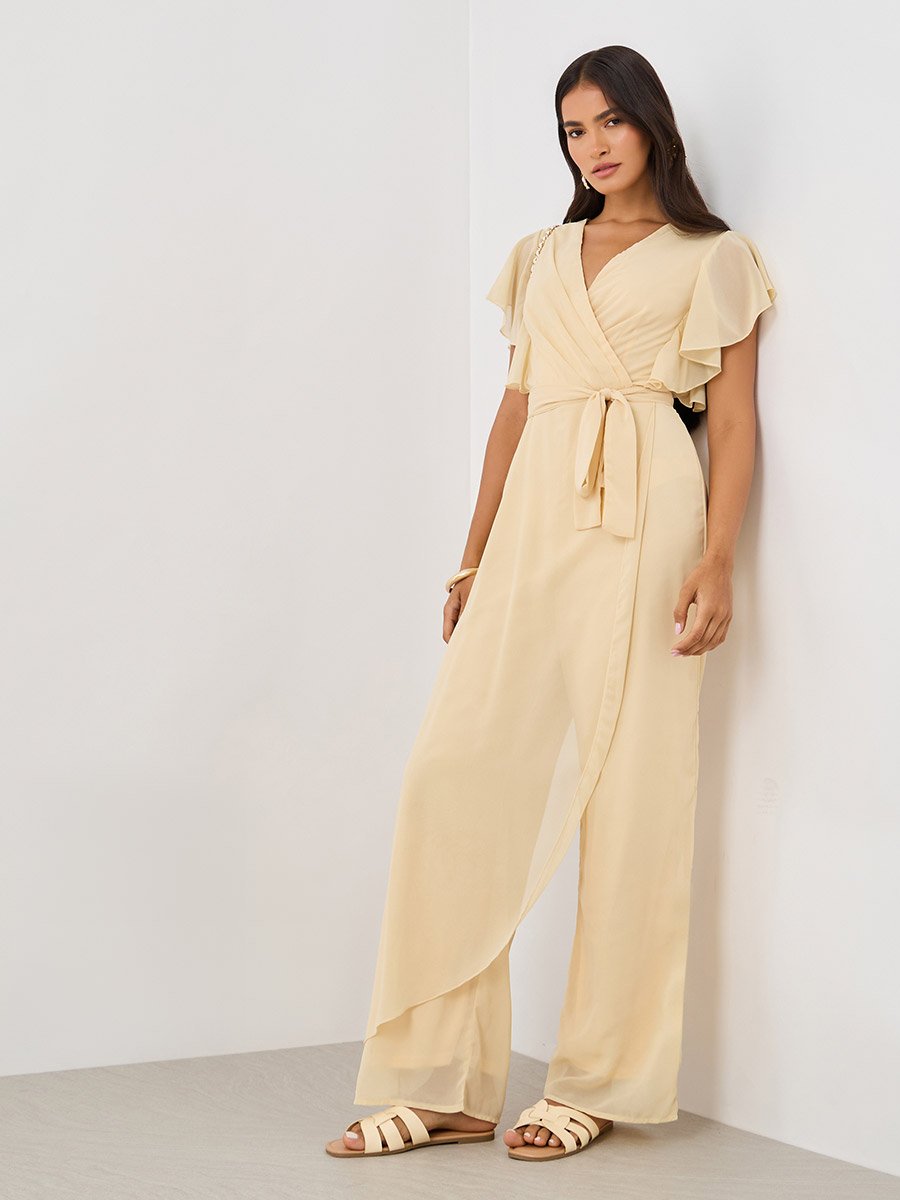 Ruffled Sleeve V-Neck Wide Leg Jumpsuit