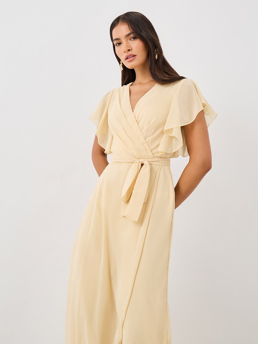 Ruffled Sleeve V-Neck Wide Leg Jumpsuit