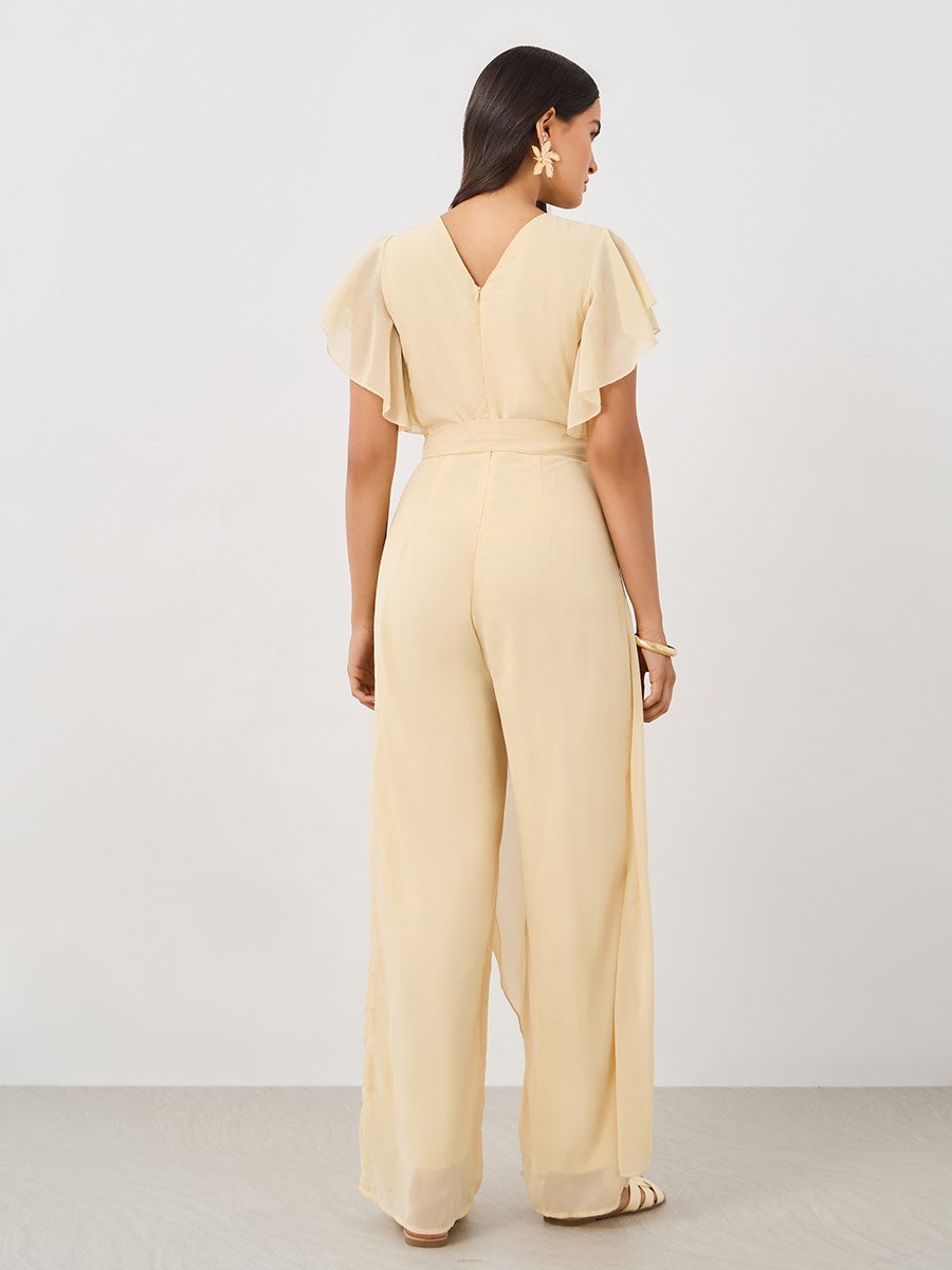 Ruffled Sleeve V-Neck Wide Leg Jumpsuit