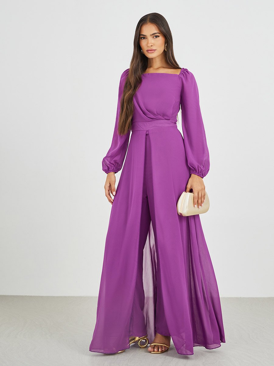 Balloon Sleeve Square Neck Skirt Layer Detail Jumpsuit