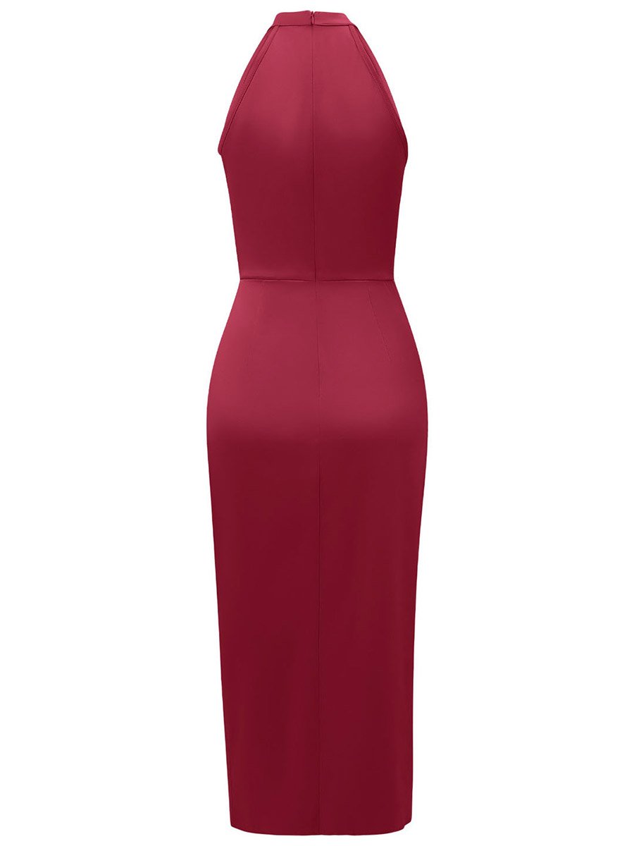 Satin Solid Halter Neck Bodycon Midi Dress