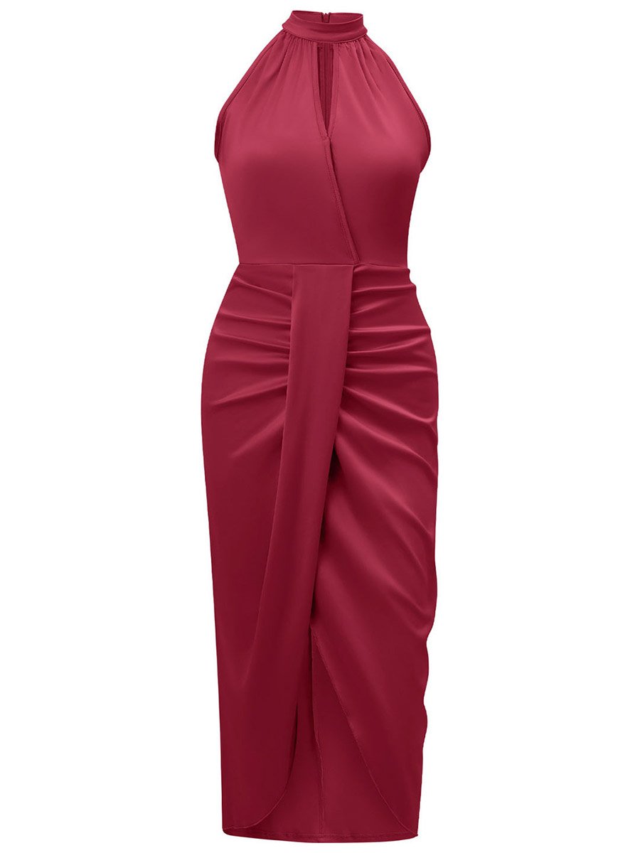 Satin Solid Halter Neck Bodycon Midi Dress