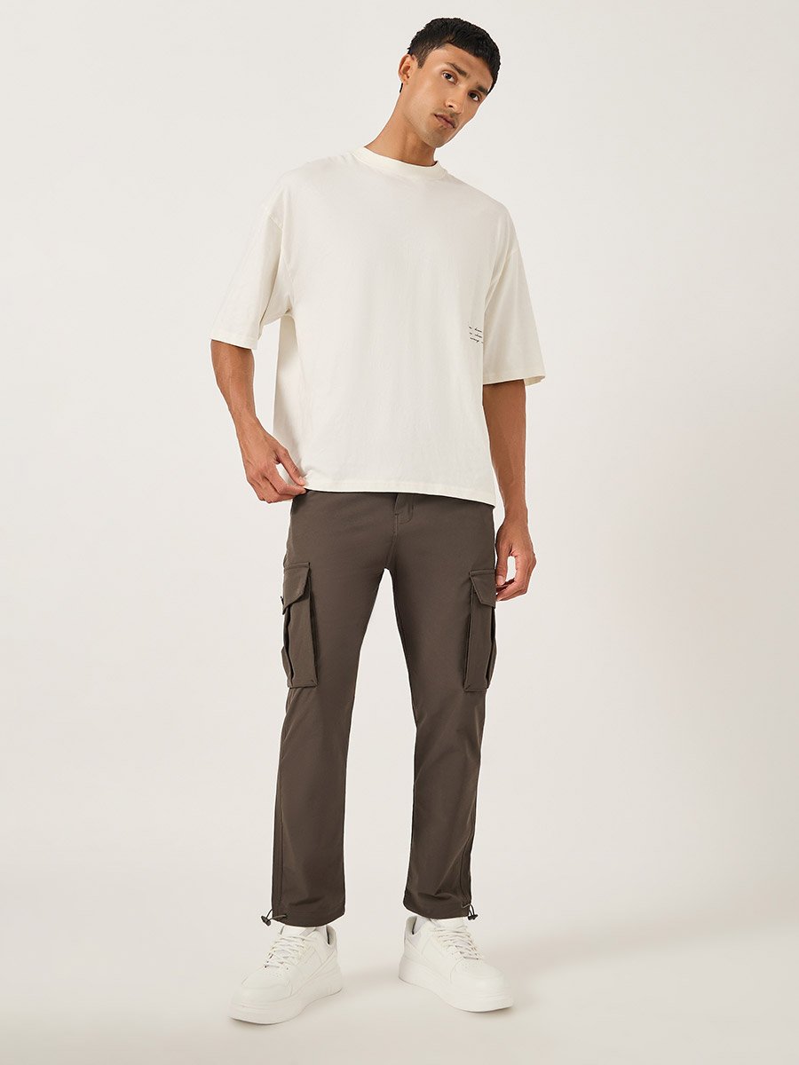 Men Brown Solid Cargo Pants with Drawstring Hem