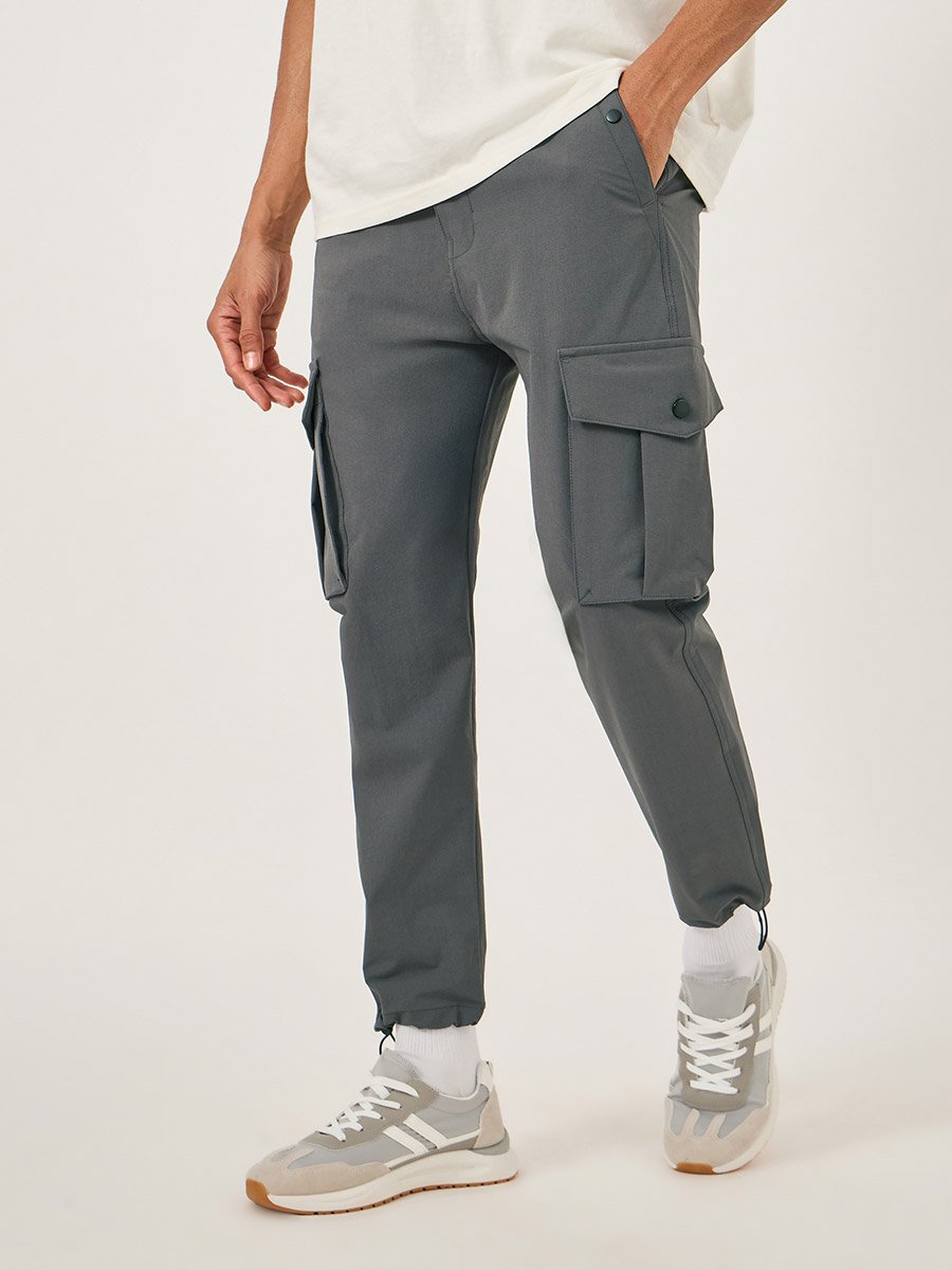Men Grey Solid Cargo Pants with Drawstring Hem