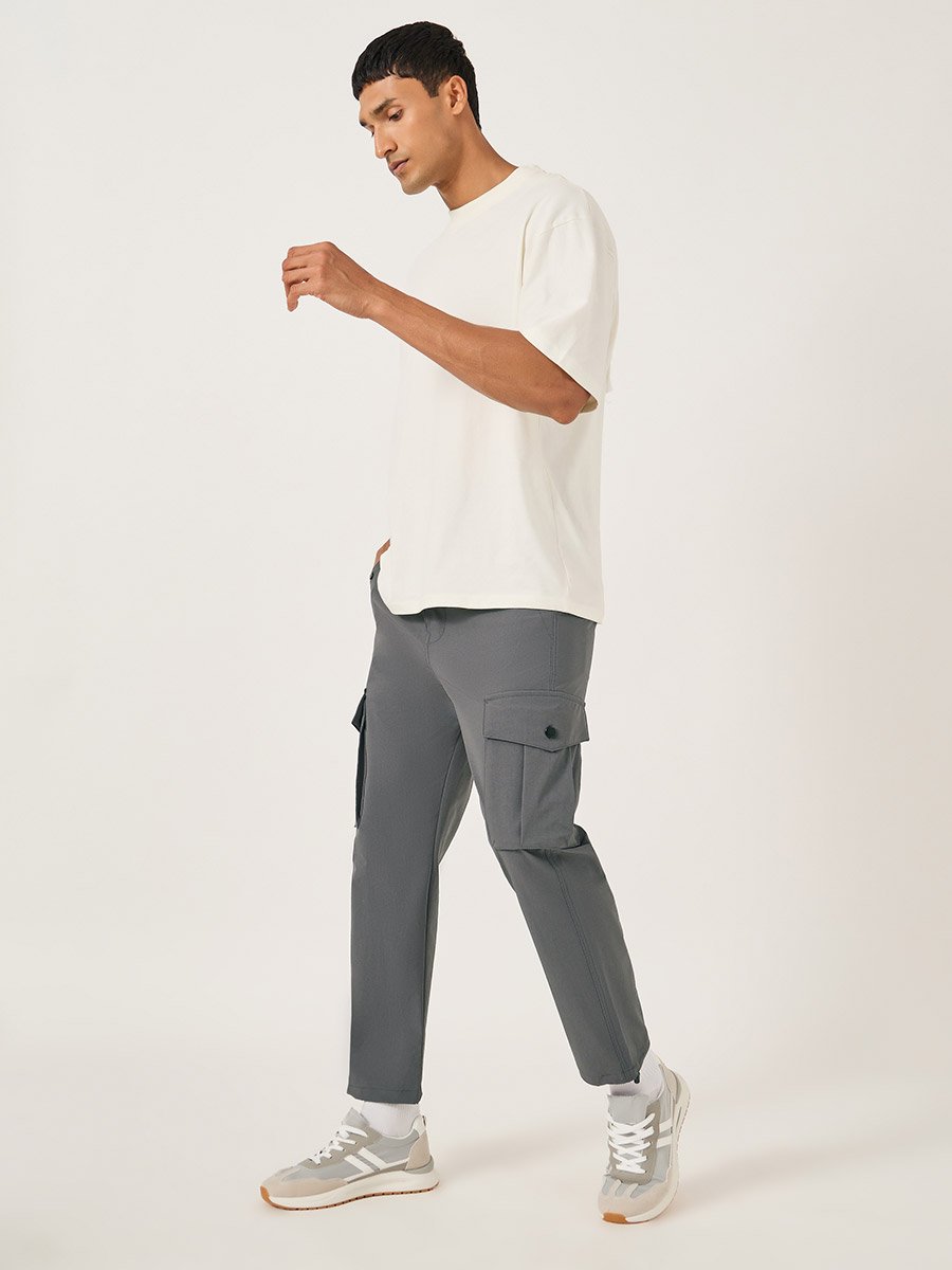 Men Grey Solid Cargo Pants with Drawstring Hem