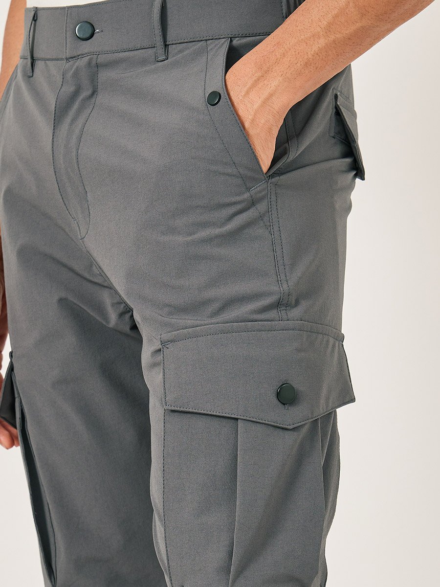Men Grey Solid Cargo Pants with Drawstring Hem