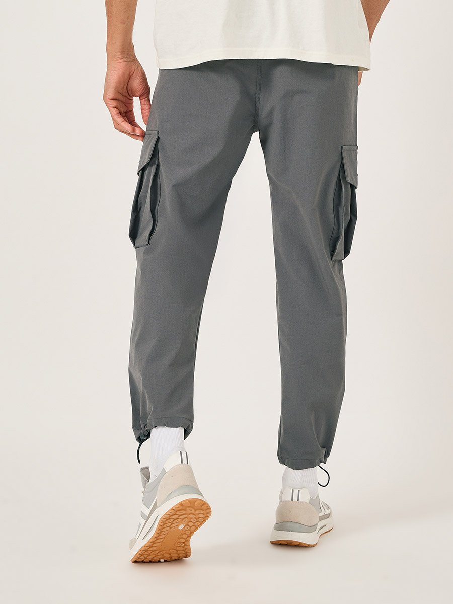 Men Grey Solid Cargo Pants with Drawstring Hem