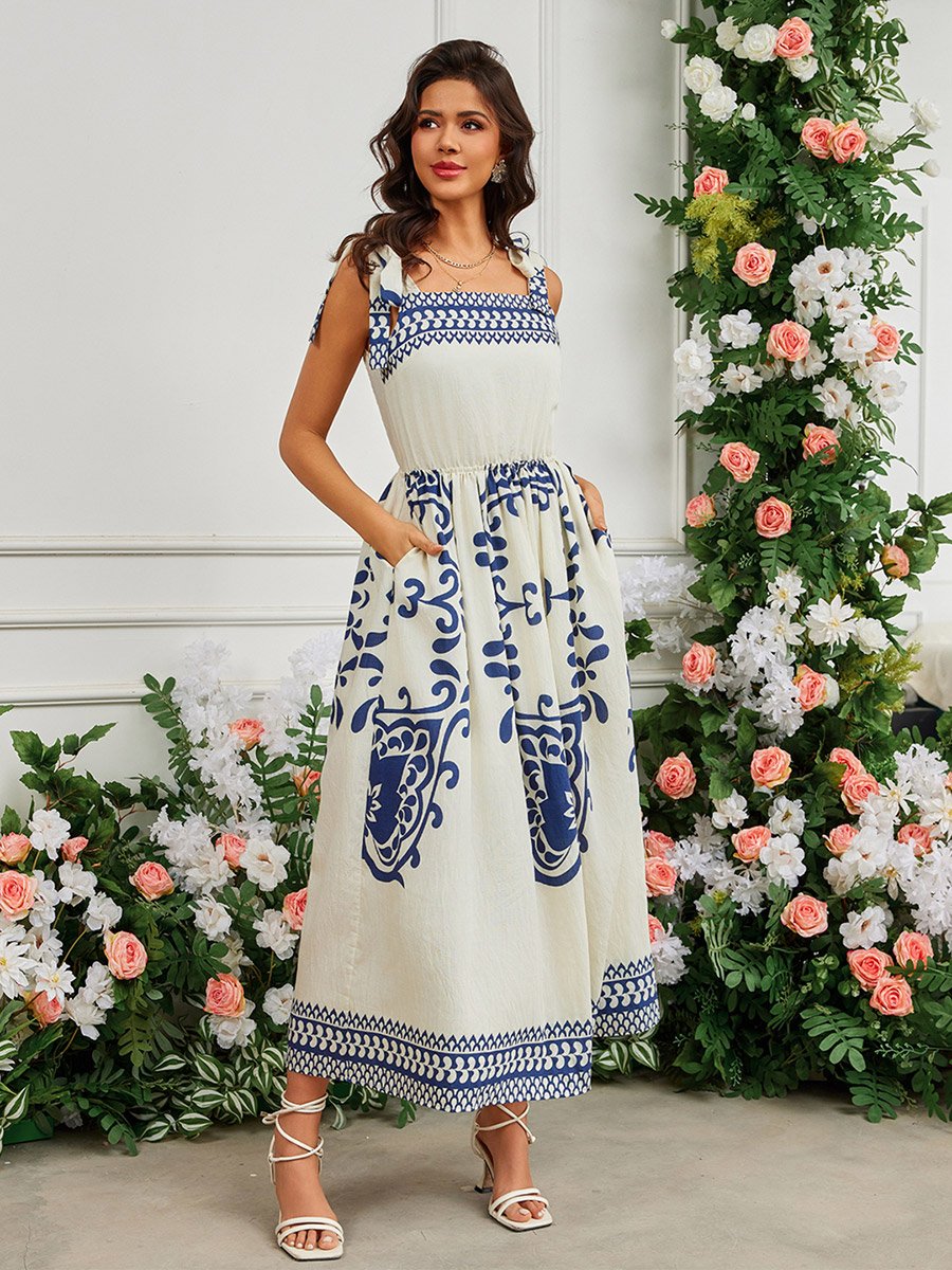 Printed Square Neck A-Line Midi Dress For Women at UAE | Styli