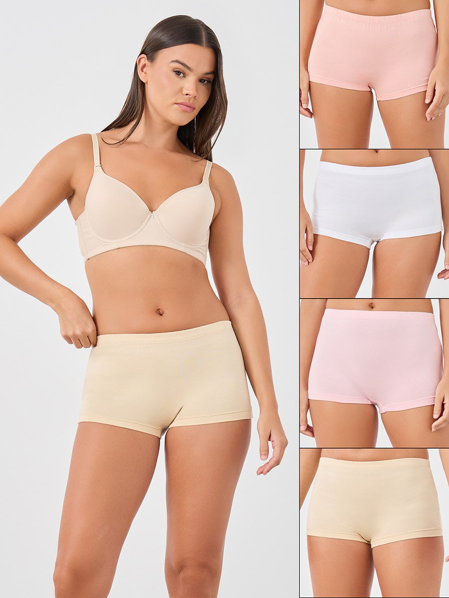 Set of 4 - Solid Cotton Elasticated Waist Boyshorts