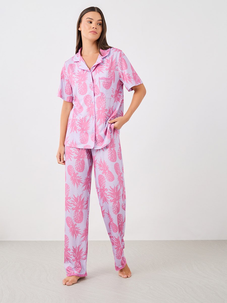 All-Over Pineapple Print Pompom Pocket Shirt and Pyjama Set