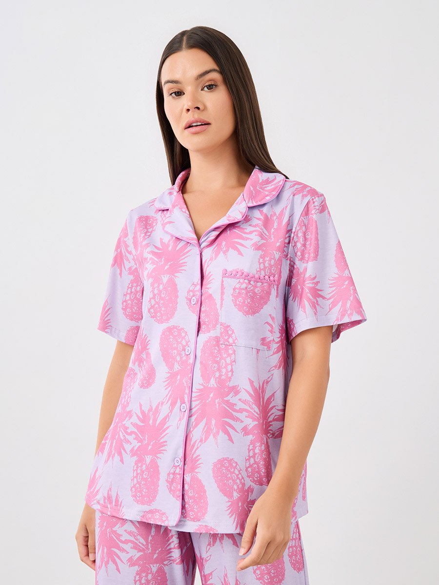 All-Over Pineapple Print Pompom Pocket Shirt and Pyjama Set