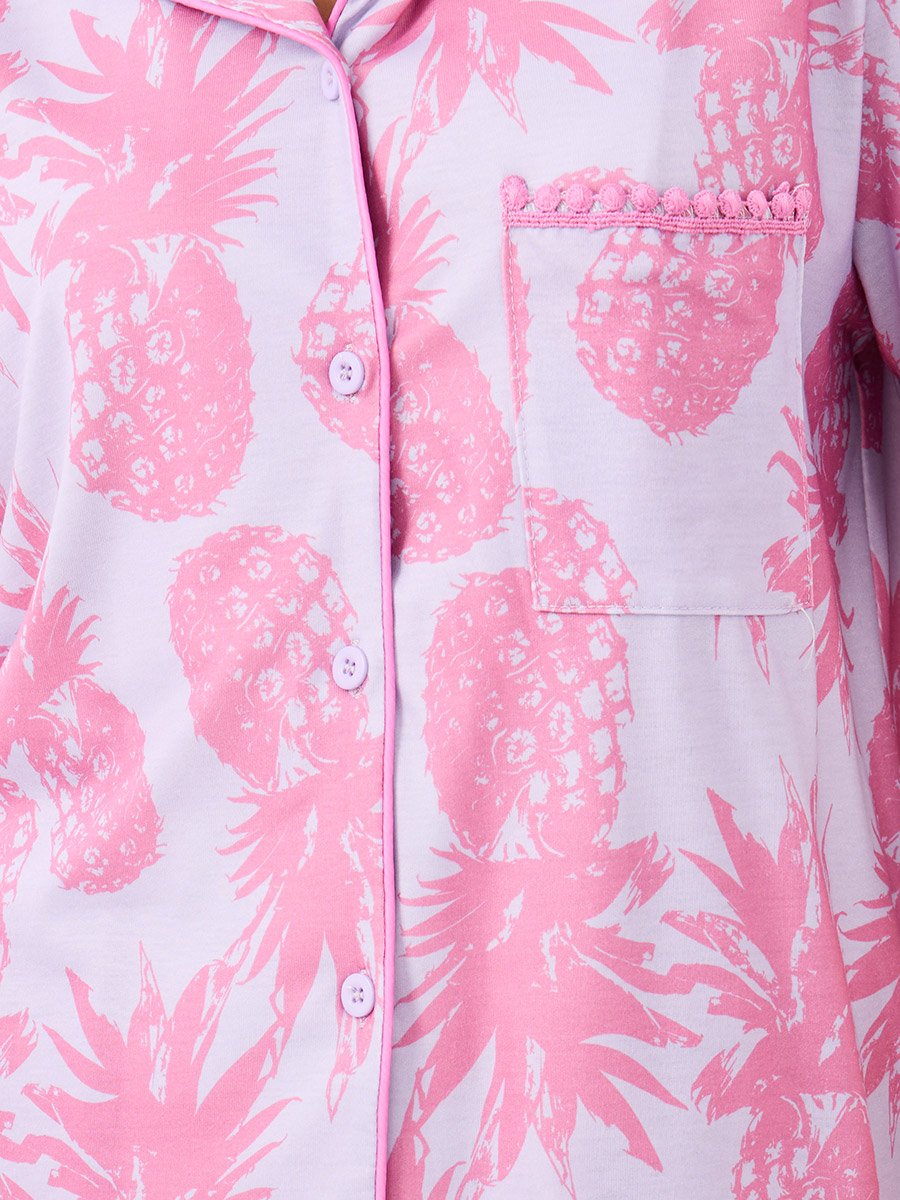 All-Over Pineapple Print Pompom Pocket Shirt and Pyjama Set