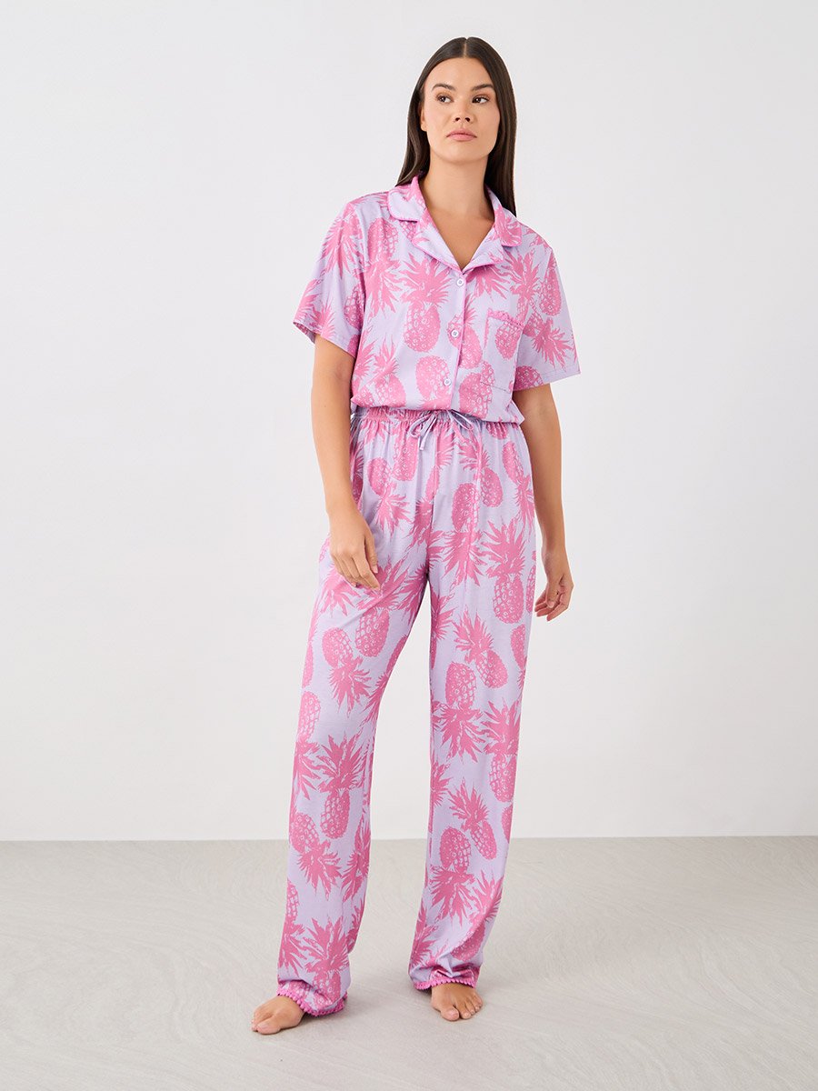 All-Over Pineapple Print Pompom Pocket Shirt and Pyjama Set